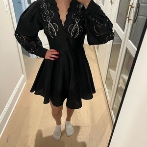 Maje Black Embroidered Scallop V-Neck Women's Dress